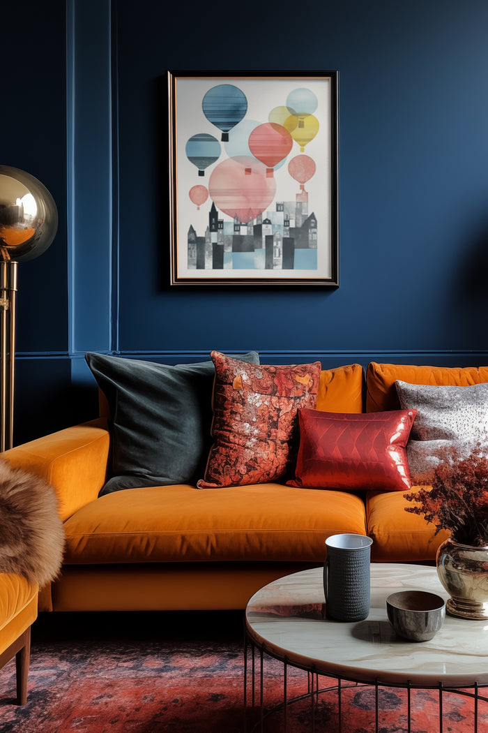 Colorful balloons over cityscape artwork poster in a modern living room with yellow sofa and blue walls