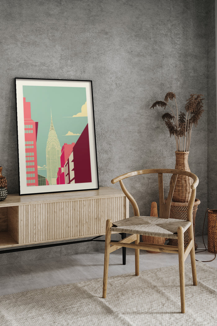 Stylized modern cityscape graphic artwork poster in a contemporary living room setting