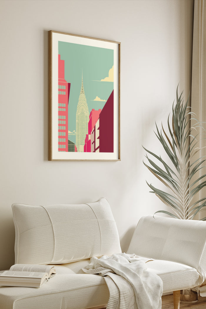Stylish modern cityscape poster featuring skyscrapers, displayed in a cozy living room setting