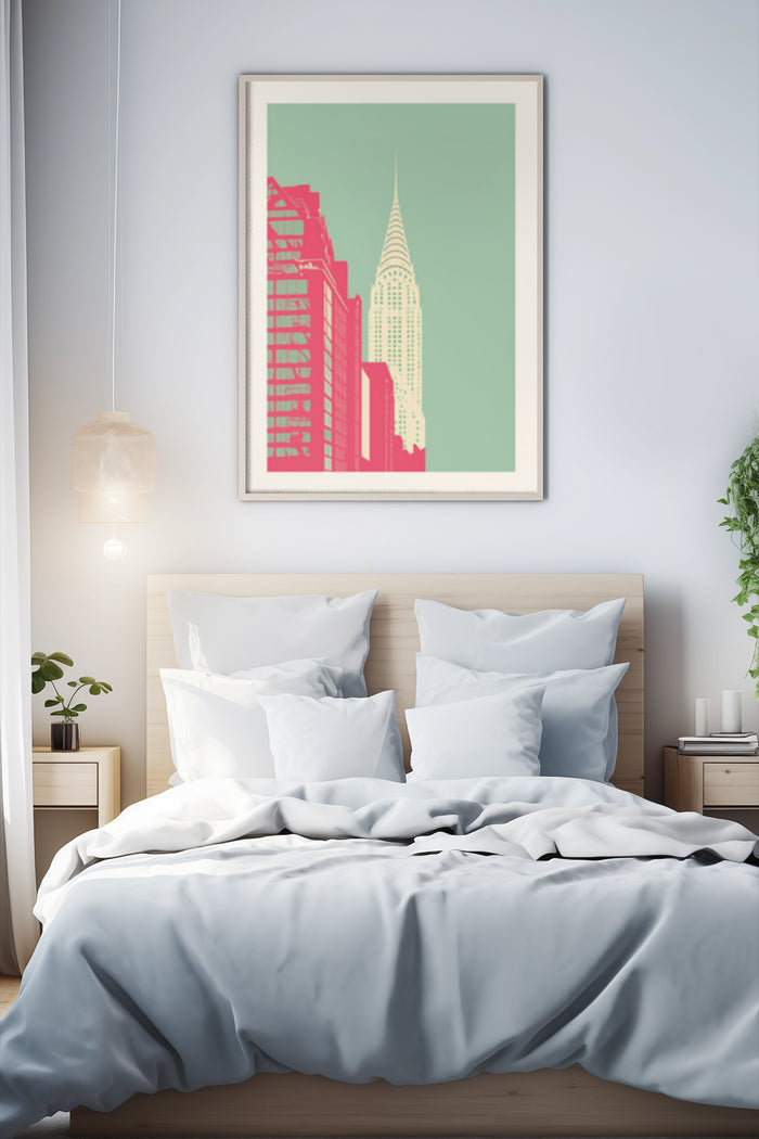 Modern cityscape poster with pink and green color scheme and iconic skyscraper, displayed above the bed in a contemporary bedroom setting