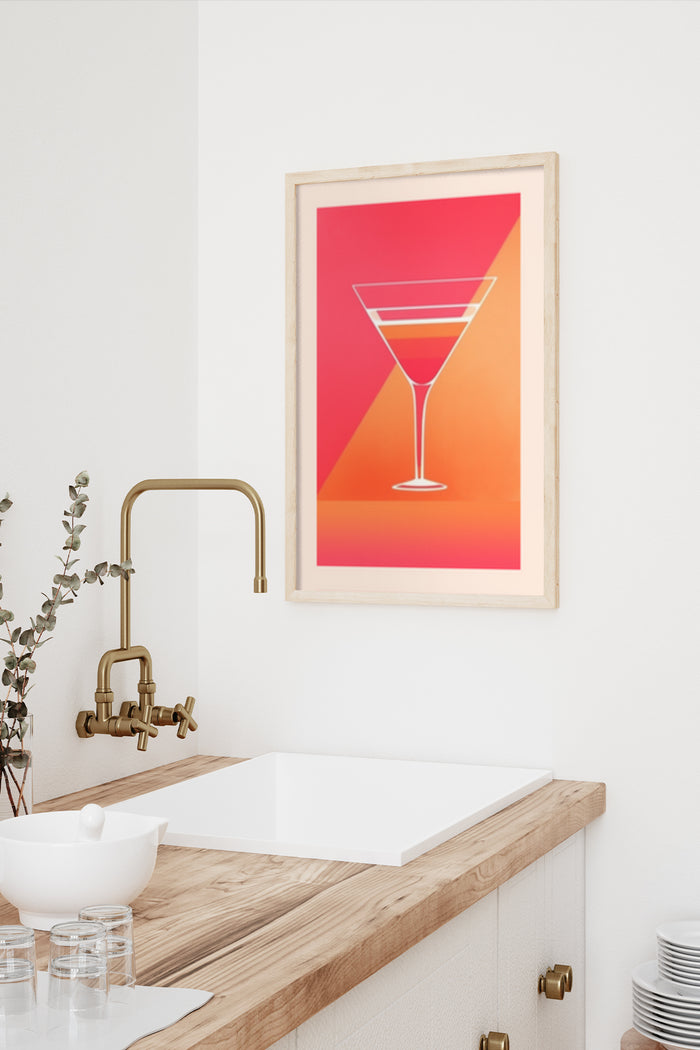 Stylish modern cocktail glass poster on kitchen wall with warm color tones
