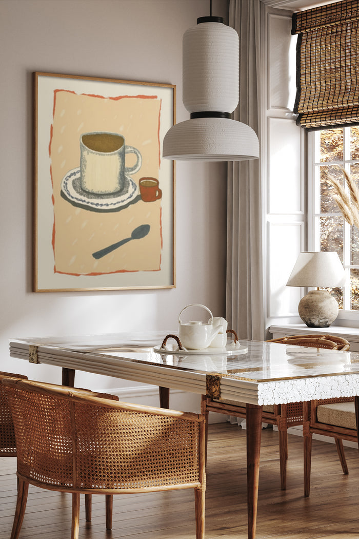 Modern coffee cup artwork poster in a stylish dining room setting