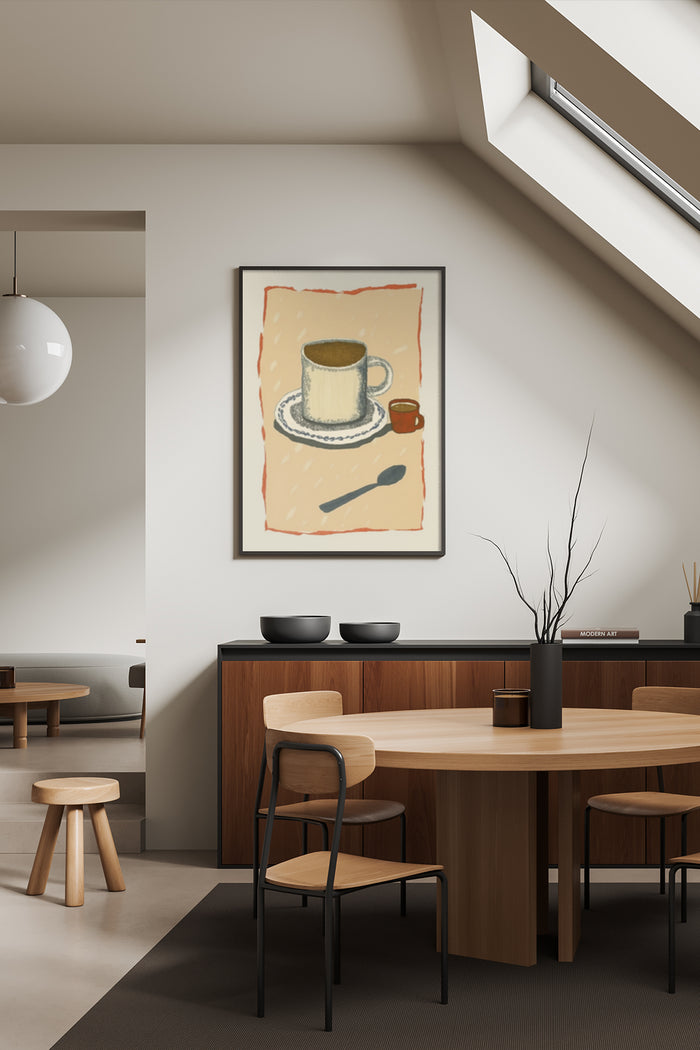 Stylish coffee cup painting on poster in contemporary dining space interior