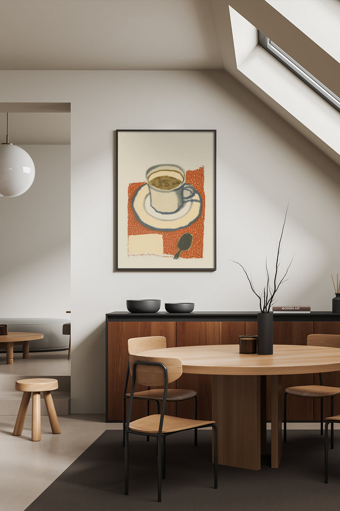 Stylized modern coffee cup artwork poster displayed in a contemporary dining room setting