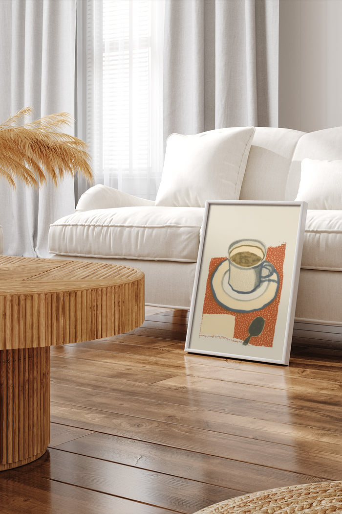 Contemporary coffee cup poster framed in a modern living room setting