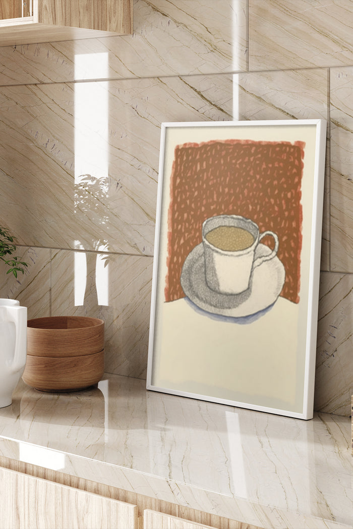 Modern framed poster of a stylized coffee cup artwork in a chic interior setting