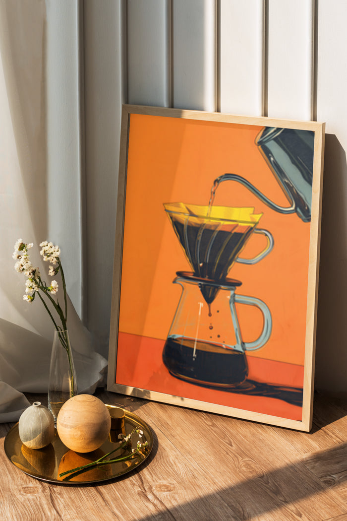 Stylish modern coffee maker poster in an elegant home interior setting with decorative flowers and wooden accents