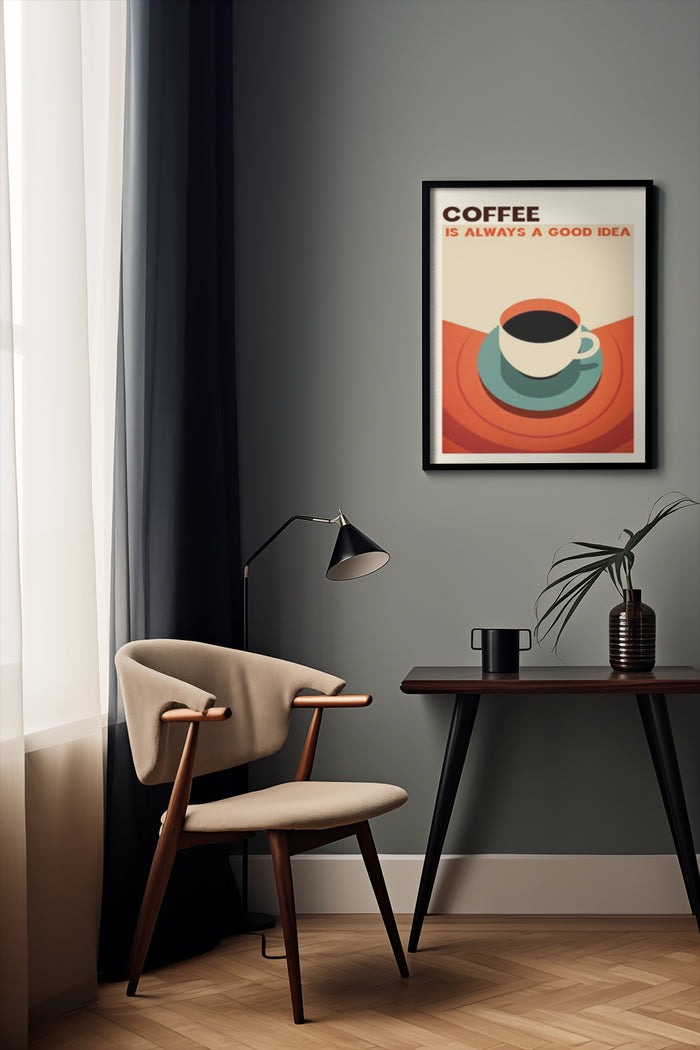 Stylish interior with modern coffee poster stating 'Coffee is always a good idea', featuring a mid-century armchair and minimalist desk
