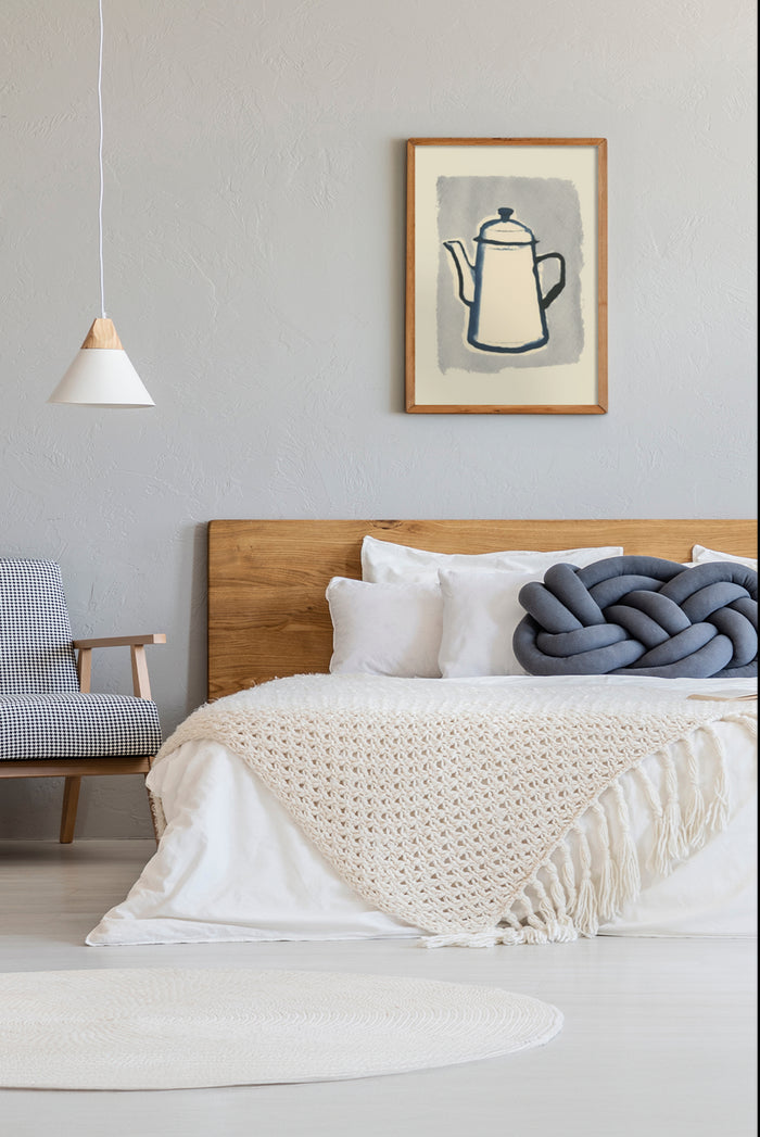 Modern bedroom with abstract coffee pot painting, wooden headboard, and cozy knit blanket