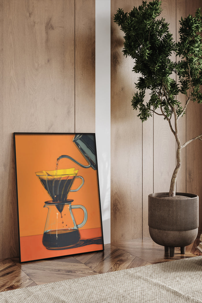 Contemporary coffee pour over art poster leaning against a wall next to a potted tree