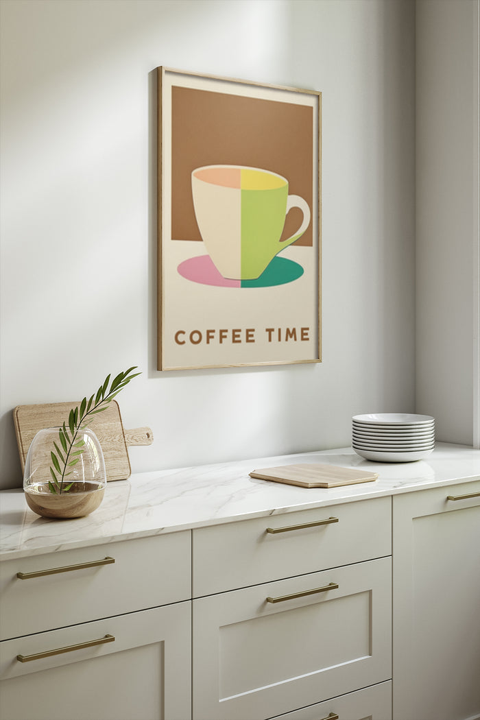 Stylish 'Coffee Time' poster with cup design mounted on kitchen wall