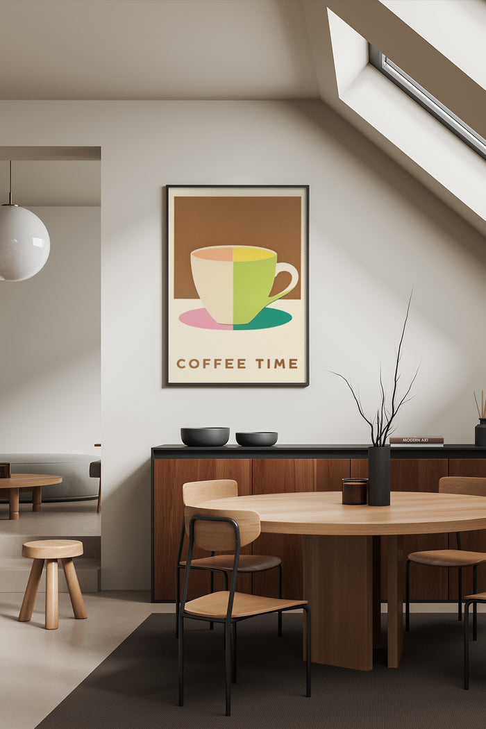 Stylish coffee cup poster with 'Coffee Time' text displayed in a contemporary cafe interior