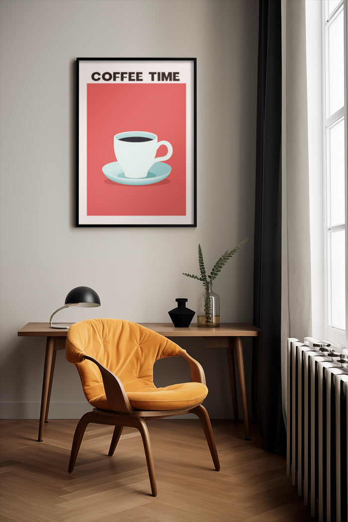 Stylish interior with modern coffee time poster on wall, yellow accent chair and wooden desk