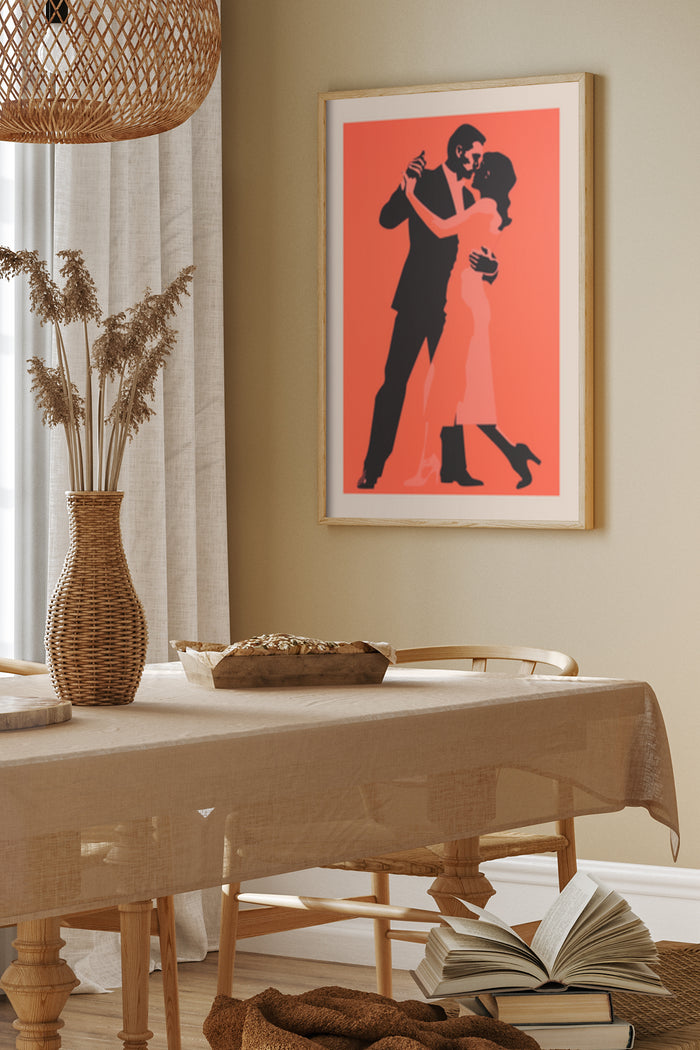 Contemporary dancing couple silhouette poster art in modern home interior