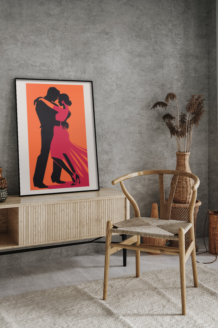Contemporary dancing couple silhouette artwork in a stylish interior setting
