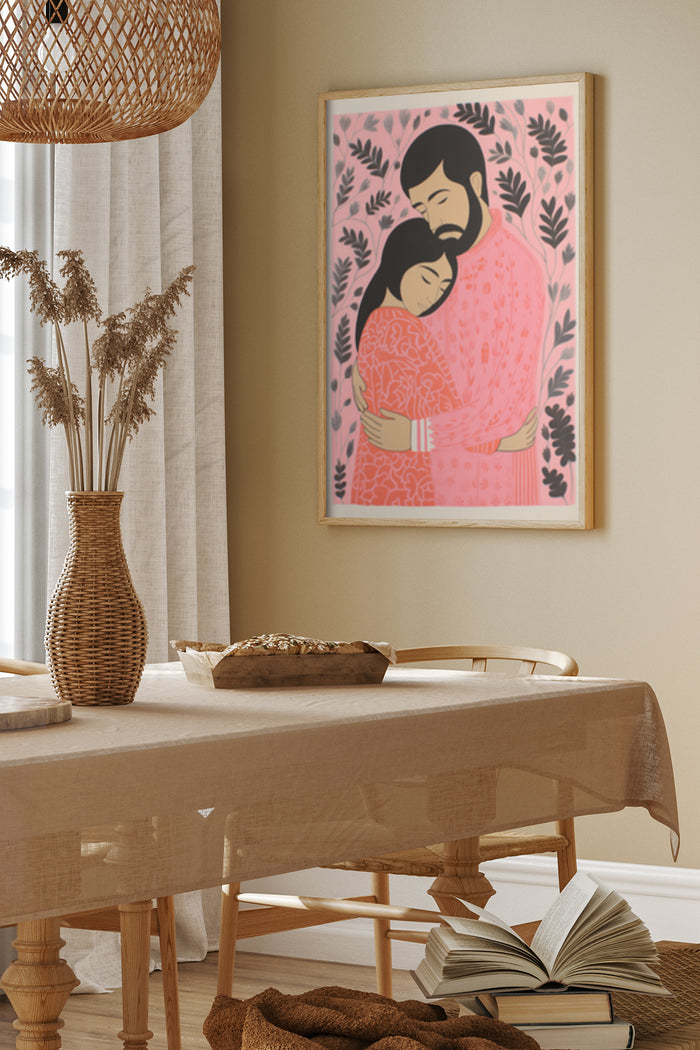 Contemporary Art Poster of a Couple Embracing with Pink and Botanical Background in a Stylish Home Decor Setting