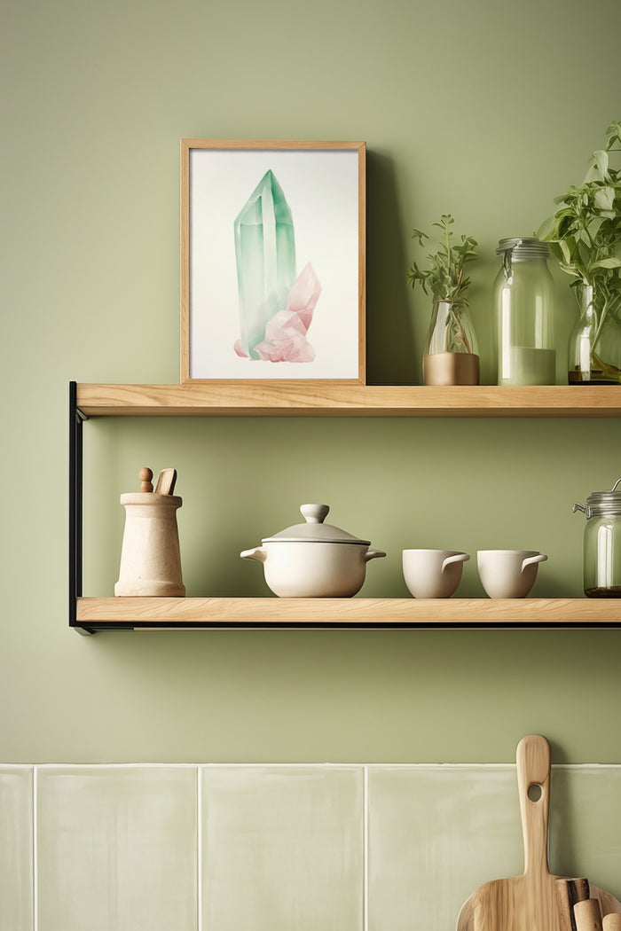 Contemporary crystal artwork poster displayed in a stylish kitchen setting with wooden shelves and ceramic kitchenware