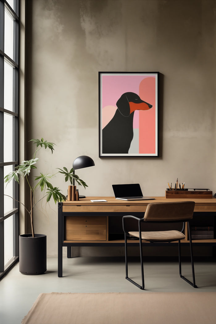 Modern office interior featuring a colorful dachshund dog artwork on the wall