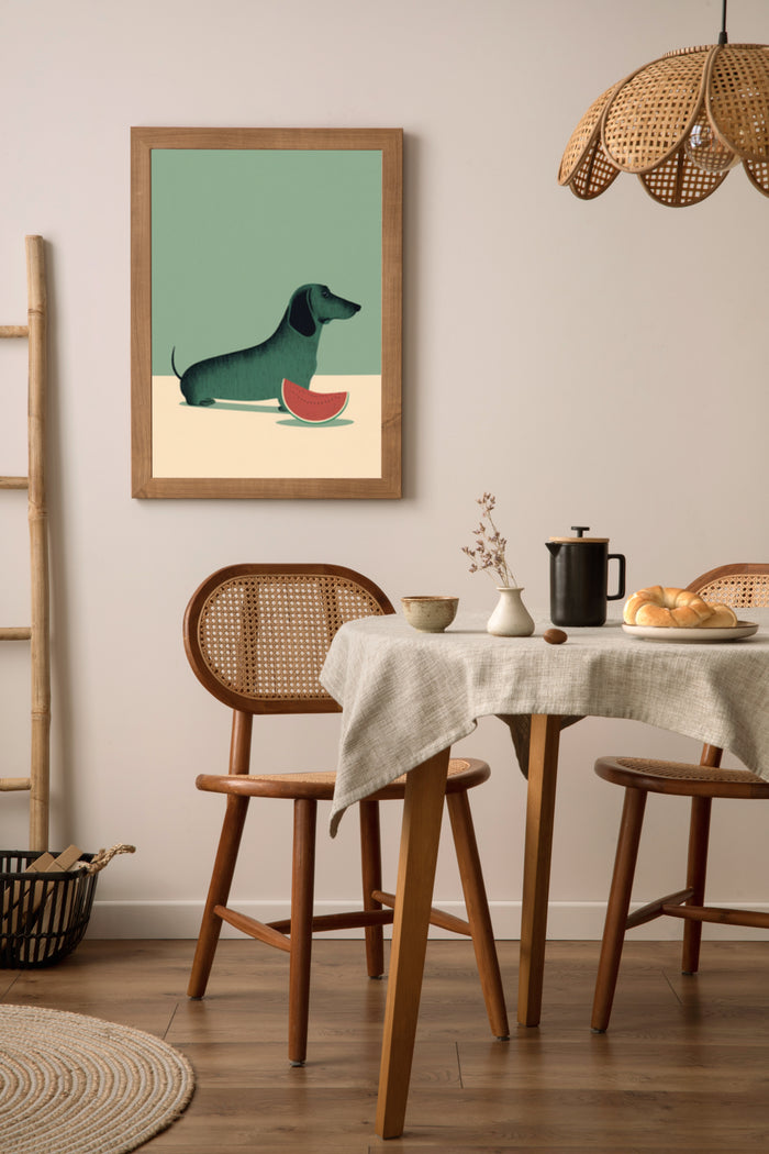 Modern Dachshund Dog Poster with Watermelon Illustration in Stylish Interior