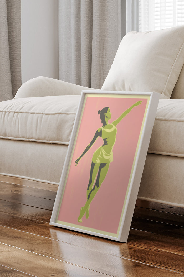 Contemporary dance poster with dancer silhouette framed in a cozy living room setting