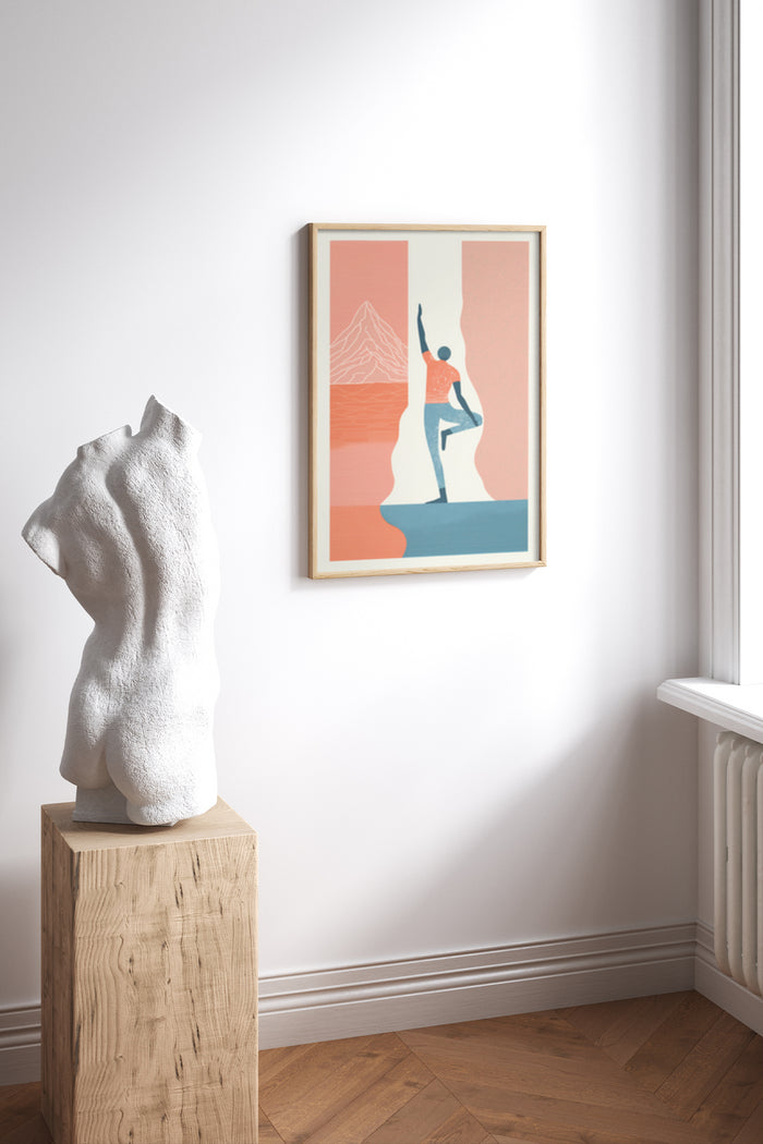 Modern minimalist dancer illustration poster with mountain and sunset, displayed in a room next to a sculpture