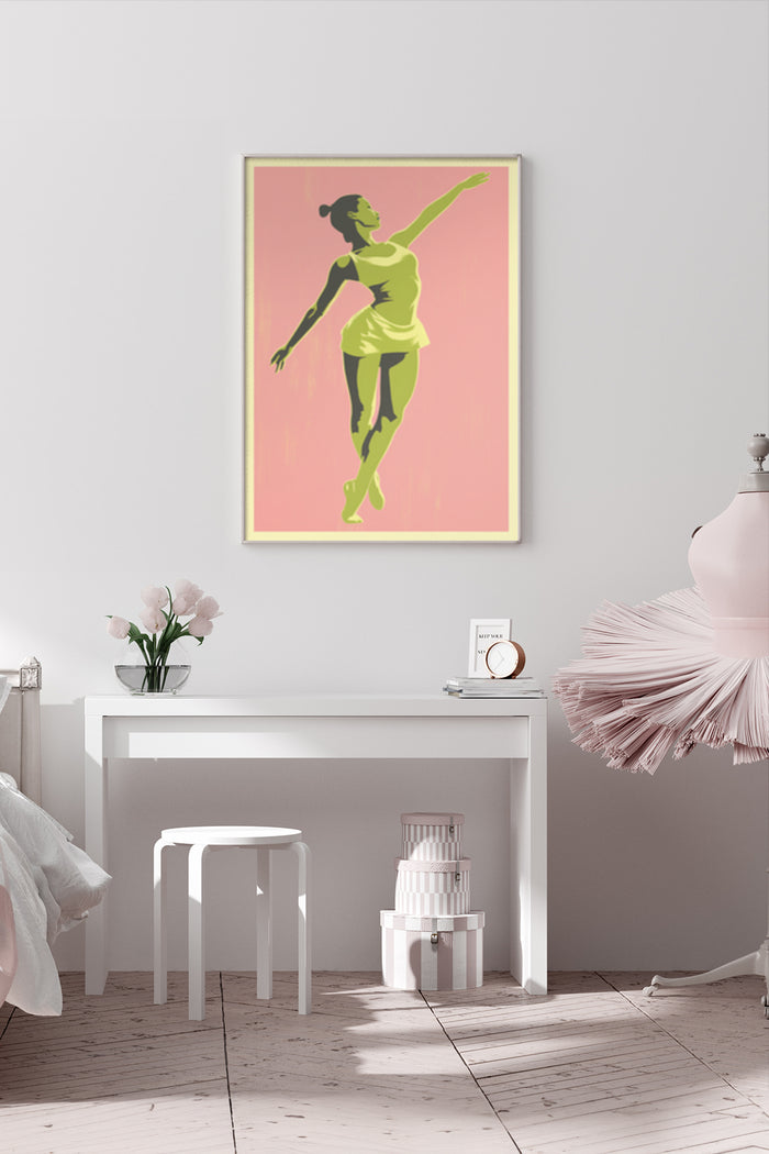 Stylized modern dancer poster art in a minimalist bedroom interior decor setting
