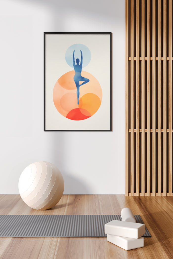 Abstract modern art poster featuring silhouette of a dancer in blue with colorful geometric shapes