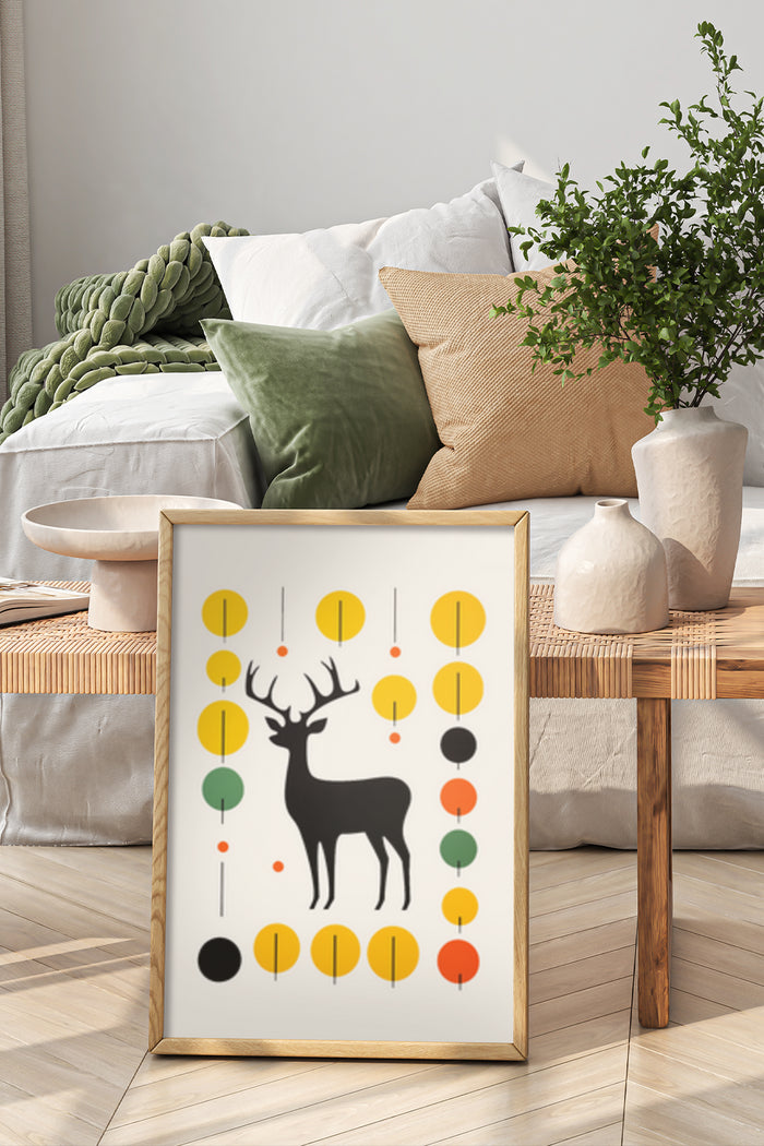 Modern Deer Art Print with Geometric Shapes in Stylish Bedroom Interior