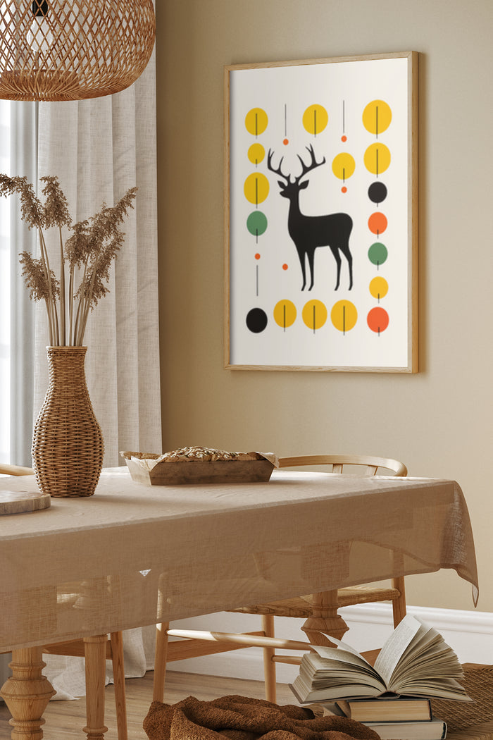 Modern graphic art poster featuring stylized deer with colorful circles in a contemporary dining room setting