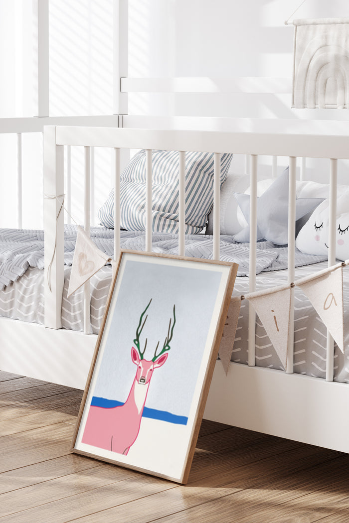 Stylized deer artwork poster placed in a contemporary nursery room setting