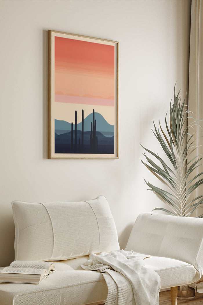 Modern Desert Sunset Art Poster Framed on a Living Room Wall