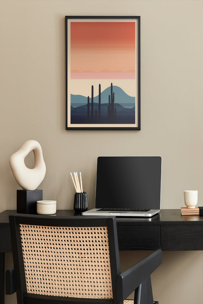 Modern Desert Sunset Artwork in a Stylish Home Office Setting