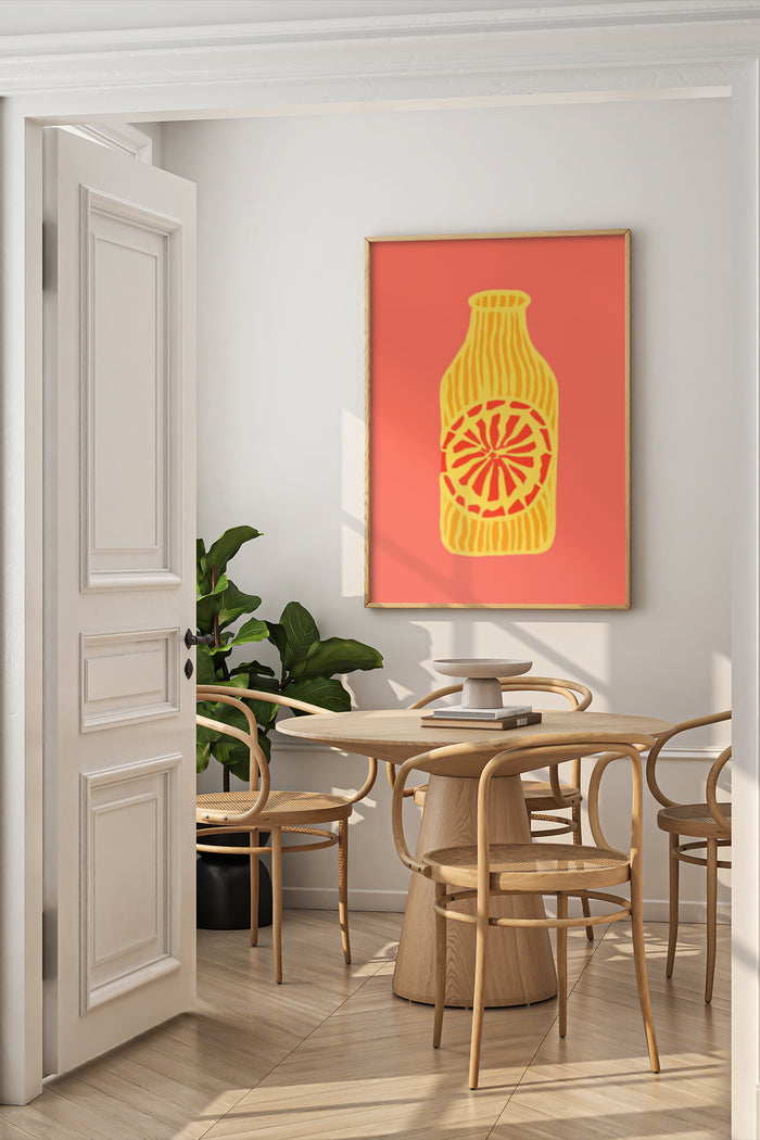 Contemporary dining room interior design featuring abstract art poster of yellow bottle on red background