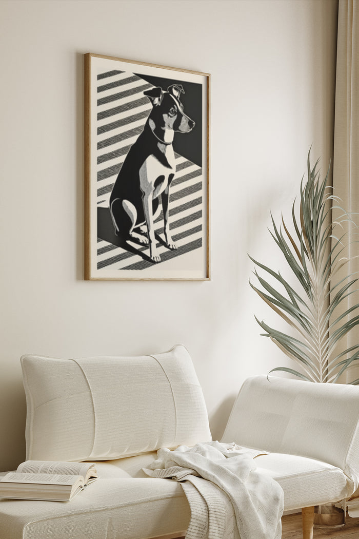 Black and white modern dog artwork poster framed in a living room decor