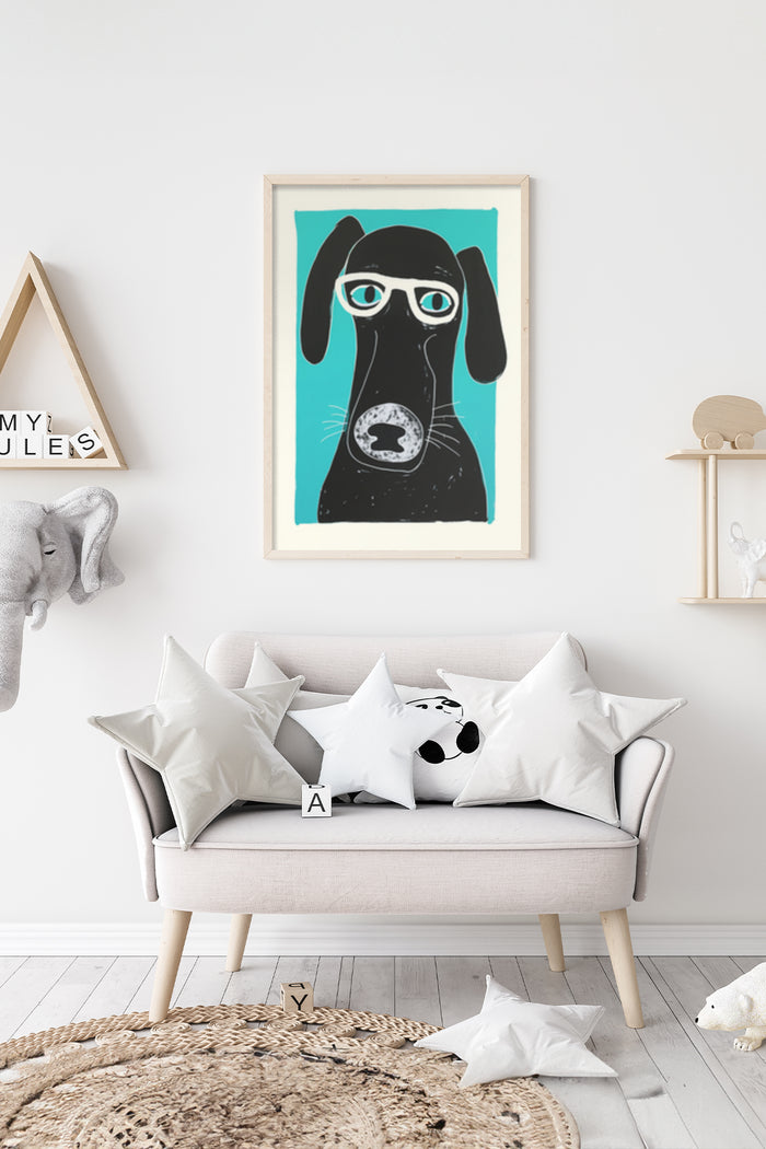 Contemporary black dog with glasses poster art displayed in a modern home interior
