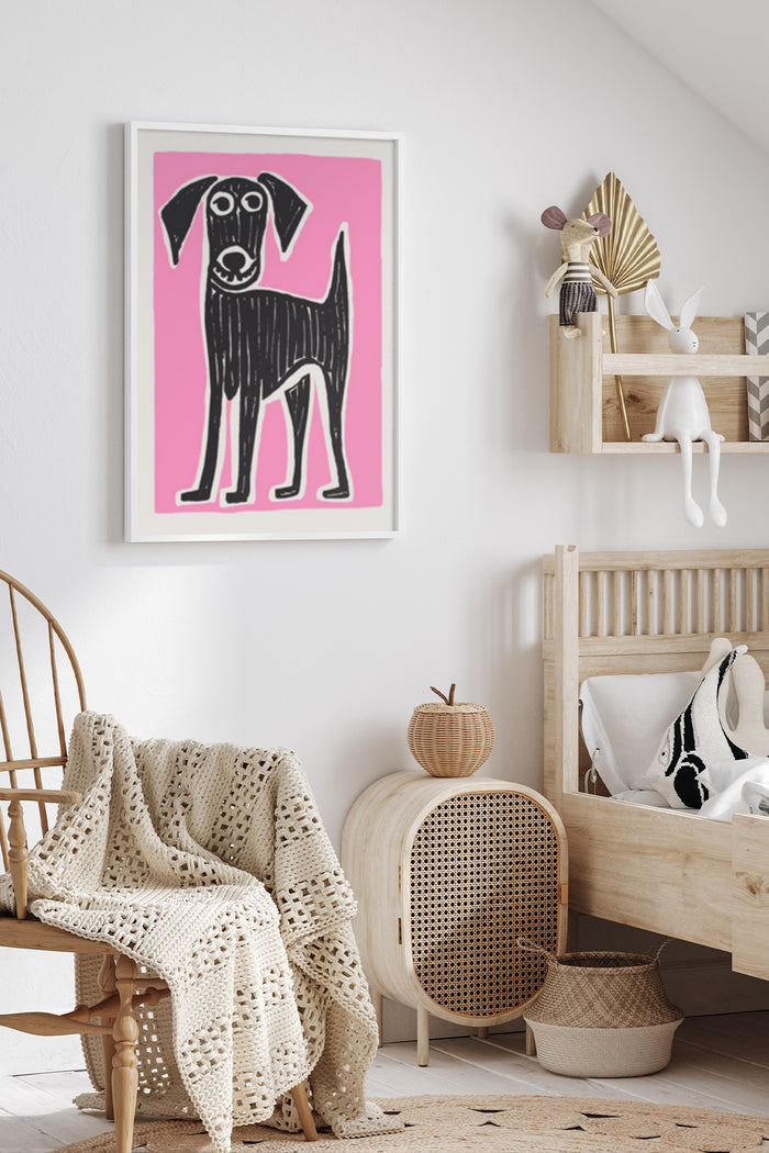 Contemporary black dog illustration on pink background framed wall art in a stylish interior