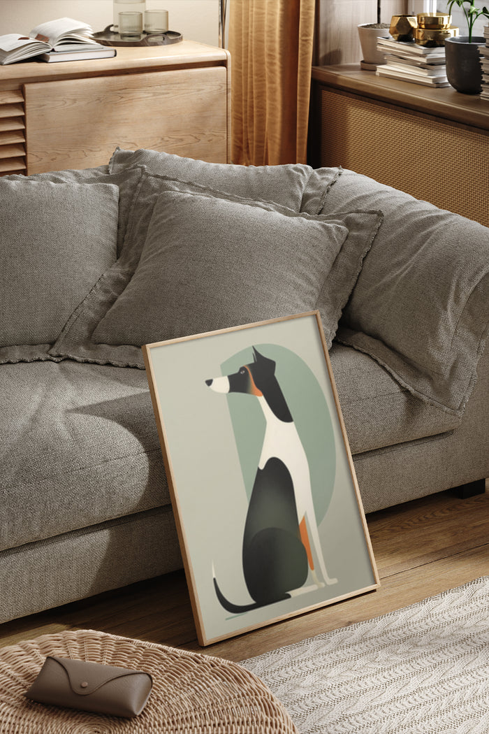 Stylish modern dog illustration poster leaning on a sofa in a well-decorated cozy living room setup