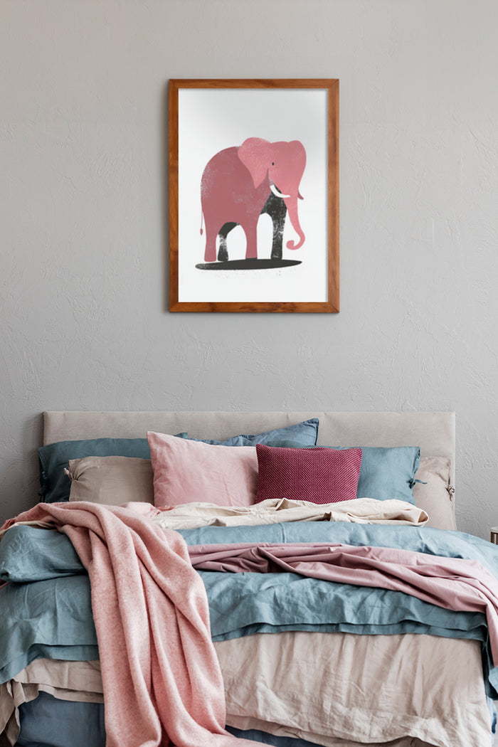Contemporary red and black elephant illustration in a bedroom setting