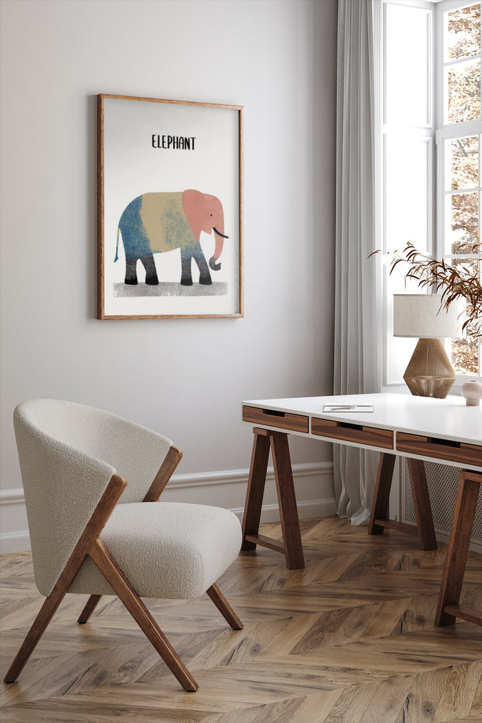 Stylish office interior with modern elephant artwork poster on wall above wooden desk