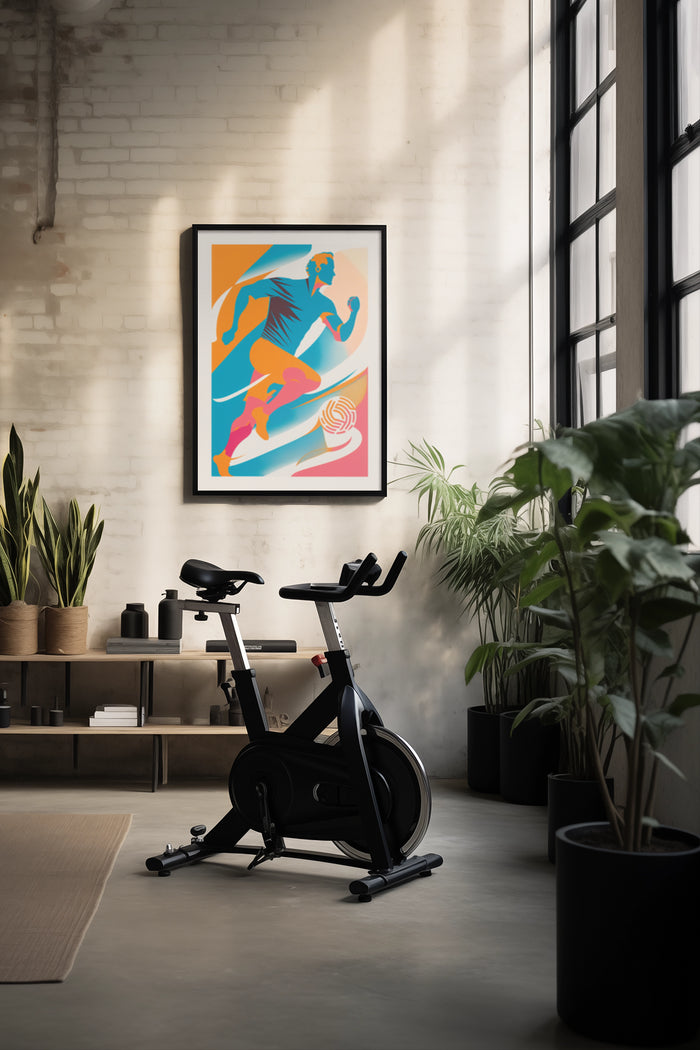 Stylish modern exercise inspiration poster with abstract runner displayed in a home gym setting