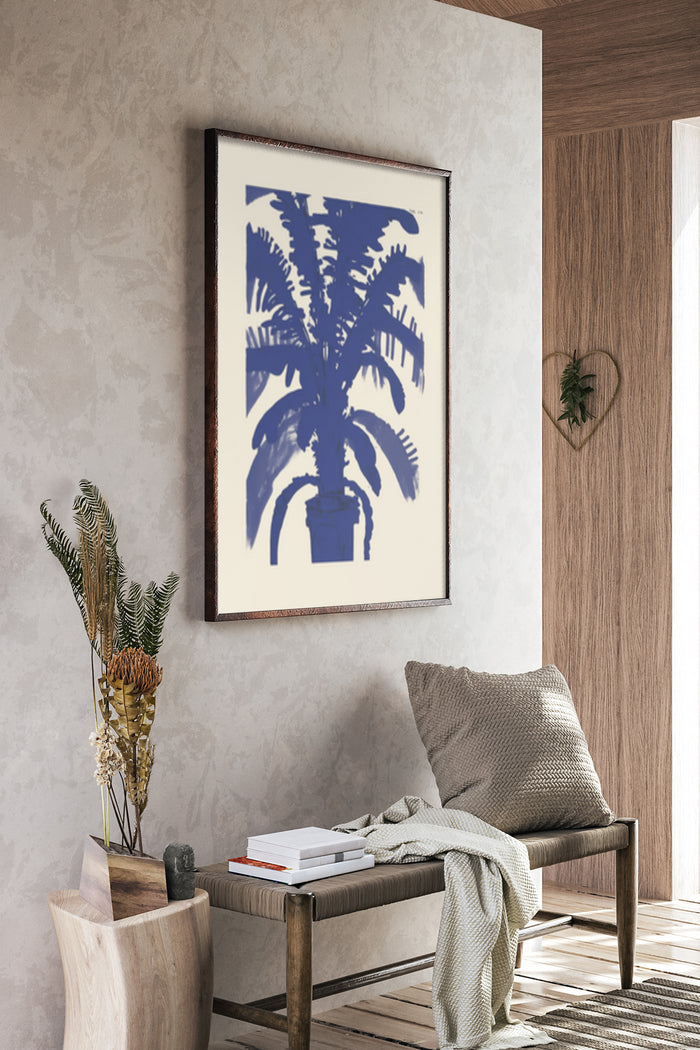 Contemporary blue fern artwork in modern home interior design poster