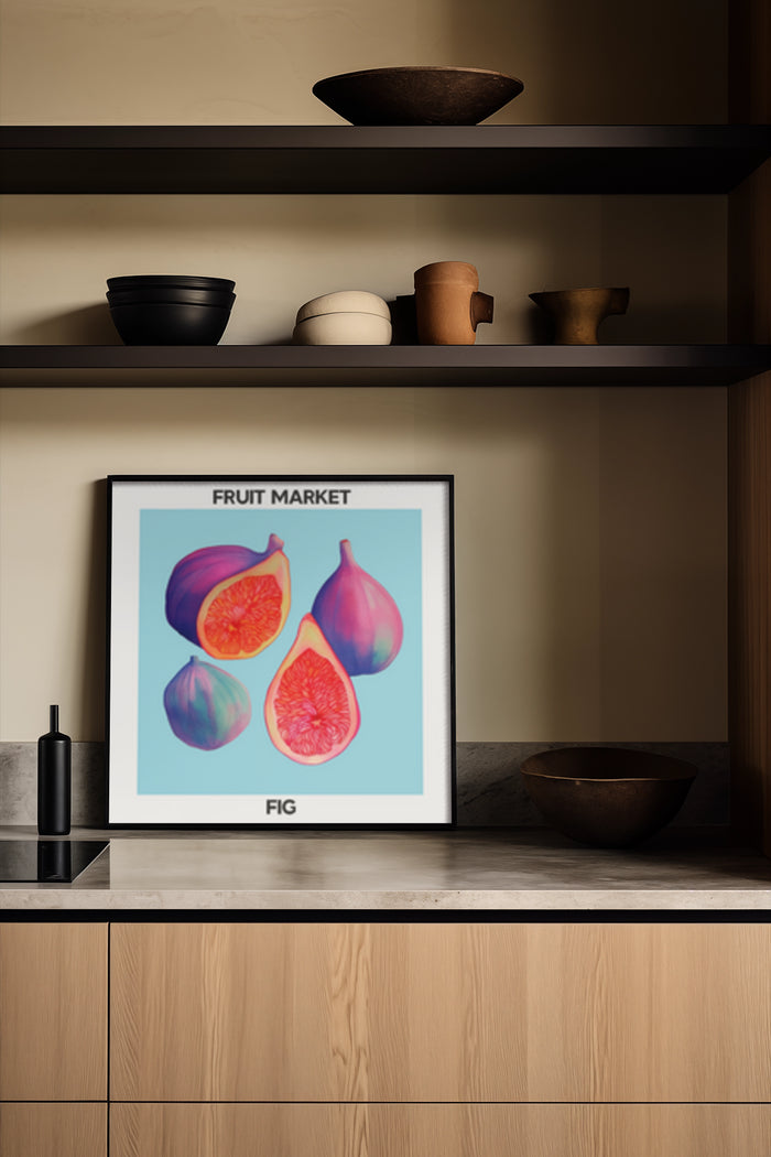 Stylish modern poster of figs with Fruit Market text displayed in a contemporary kitchen setting