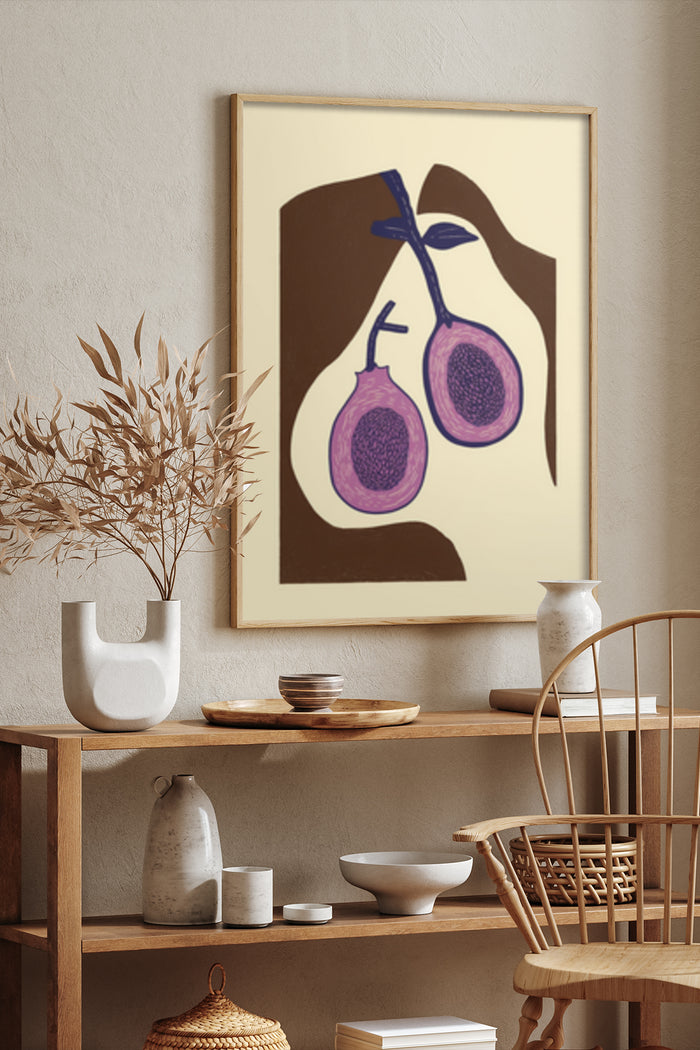 Contemporary art poster with fig illustration in stylish home interior