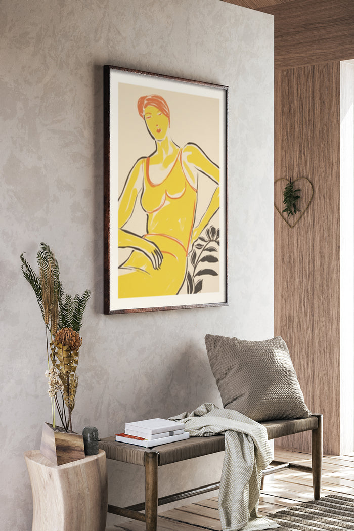 Stylish modern figurative art poster of a woman in yellow dress framed on a living room wall