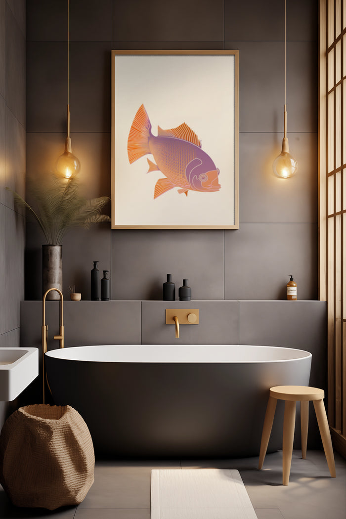 Stylish fish illustration poster in contemporary bathroom decor