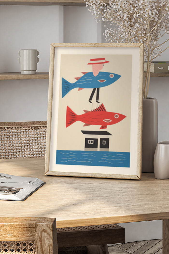 Modern stylized fish artwork in a poster frame on a home office desk for interior decoration
