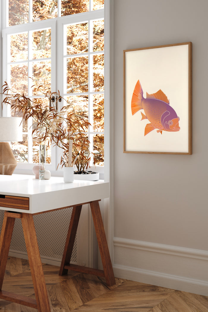 Elegant modern fish artwork in interior setting with natural light