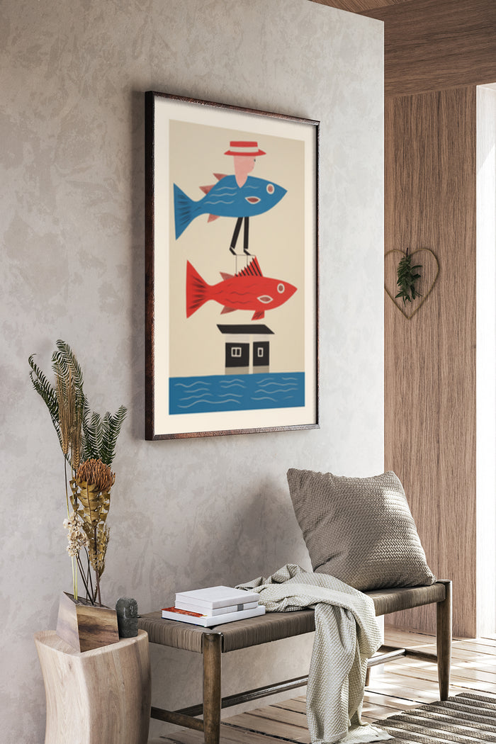 Colorful modern art poster featuring a fisherman with two fish in a living room setting