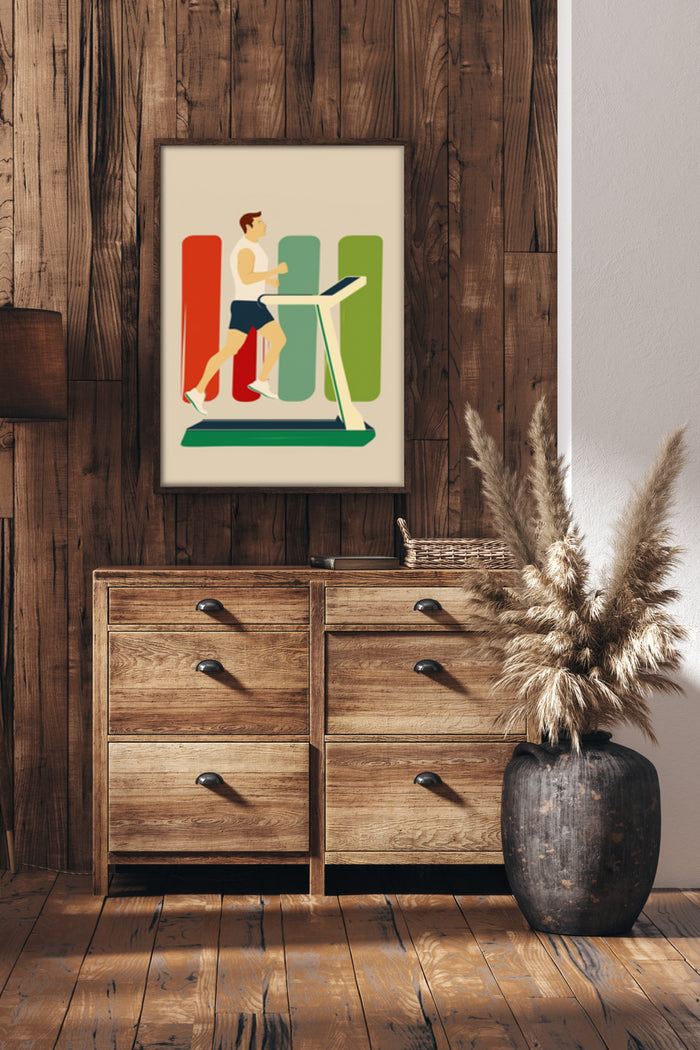 Contemporary fitness artwork of a man running on a treadmill framed on a wooden wall above a rustic cabinet