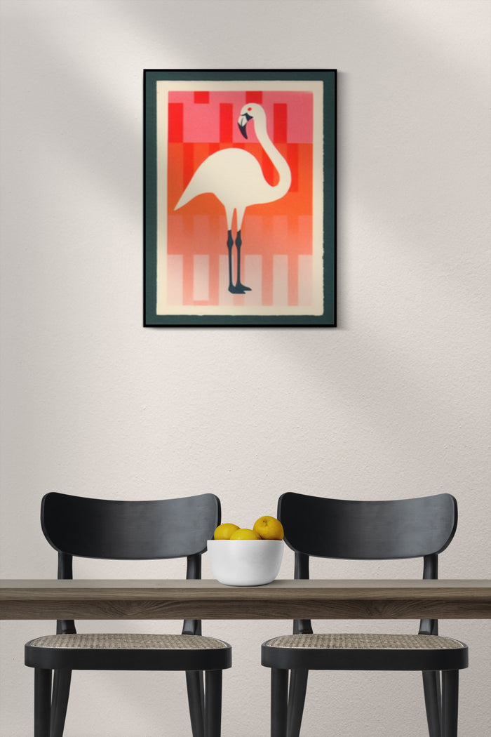 Modern Flamingo Artwork Poster displayed above a stylish bench with a white bowl of lemons